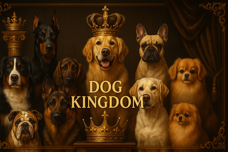 Dog Kingdom regal collection portrait of diverse dog breeds gathered with crowns and ornate royal backdrop