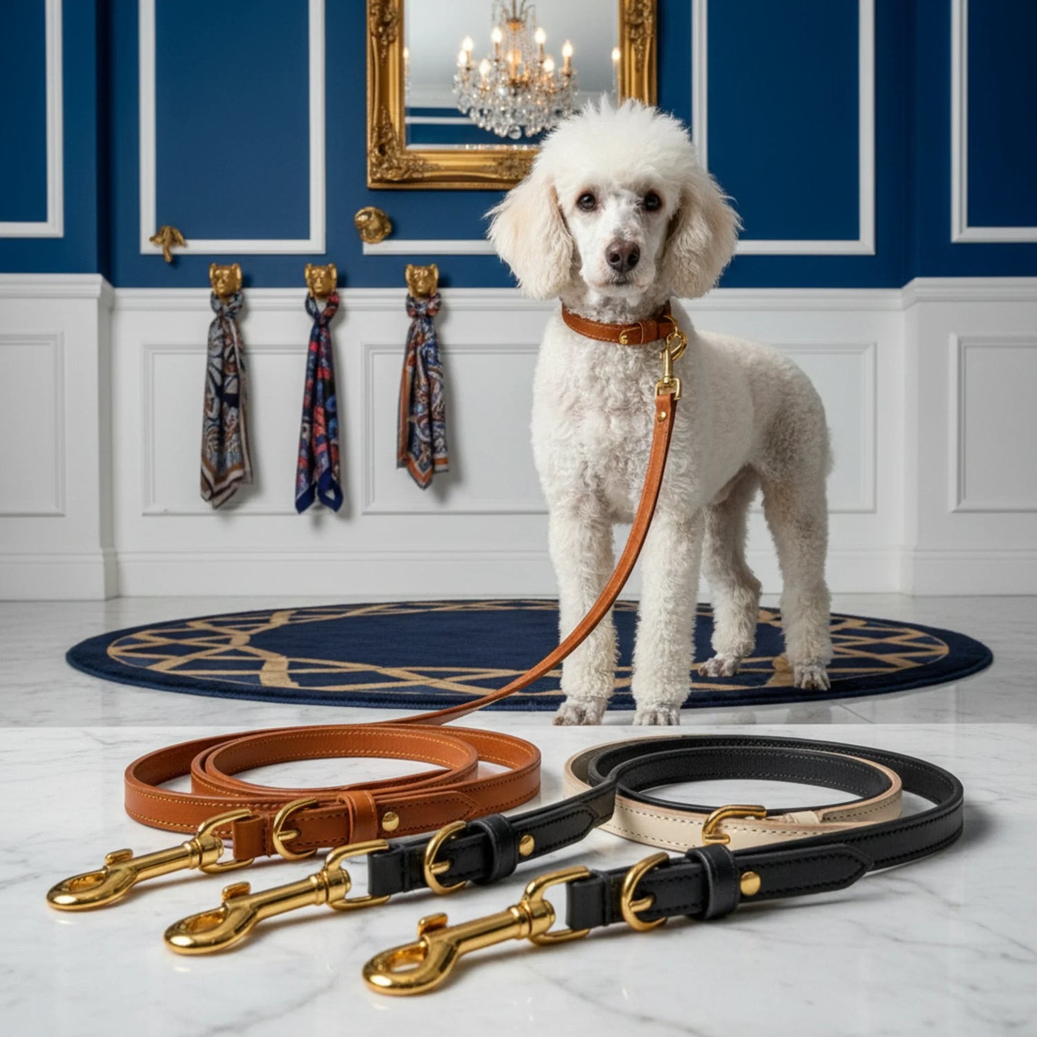 A happy dog on a sunny sidewalk wearing a vibrant, durable leash, capturing a bright and energetic neighborhood walk.
