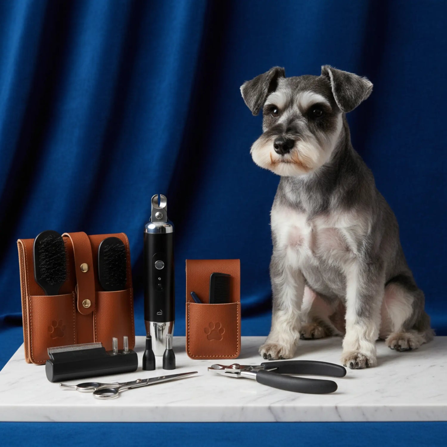 Close-up of gentle hands grooming a relaxed dog with professional nail clippers in a bright, cozy home setting.
