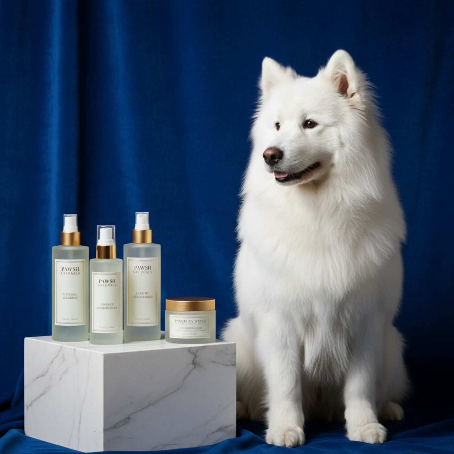 A happy dog being gently bathed in a bright, sunlit room, surrounded by soft bubbles and calm, soothing blue tones.