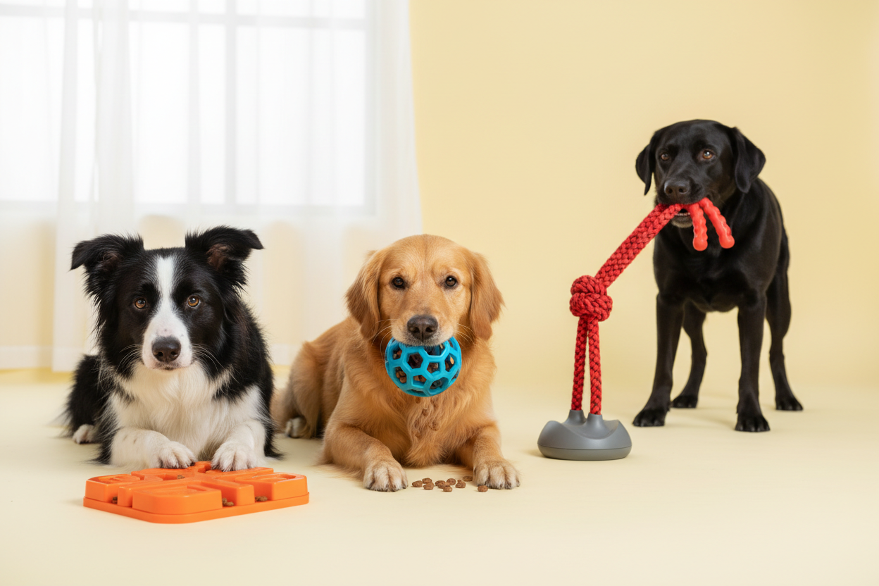 Dogs showing intelligence solving puzzles and treat-dispensing toys - highlights mental stimulation benefits.