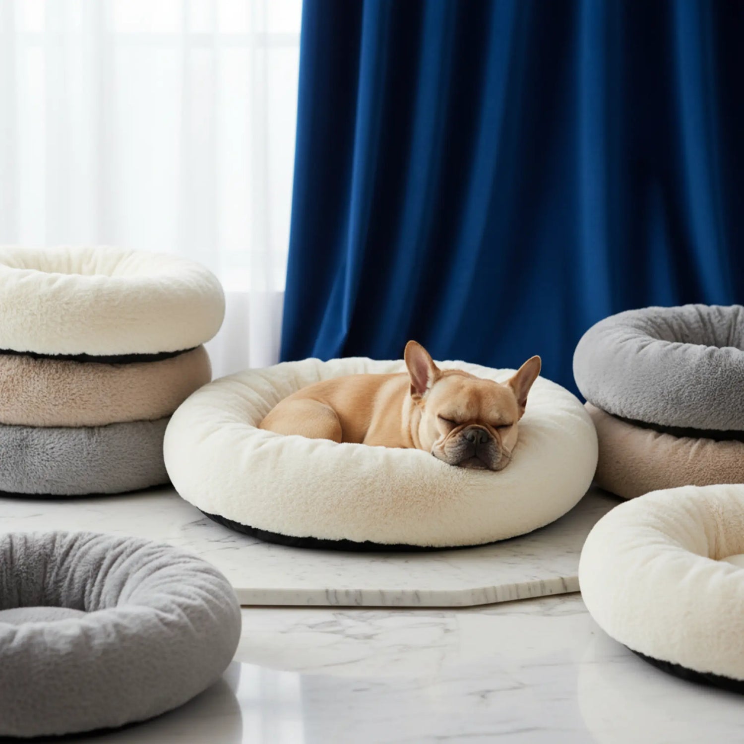 A fluffy, round plush dog bed in a cozy, sunlit corner, inviting a calm and comfortable atmosphere for a sleeping pet.