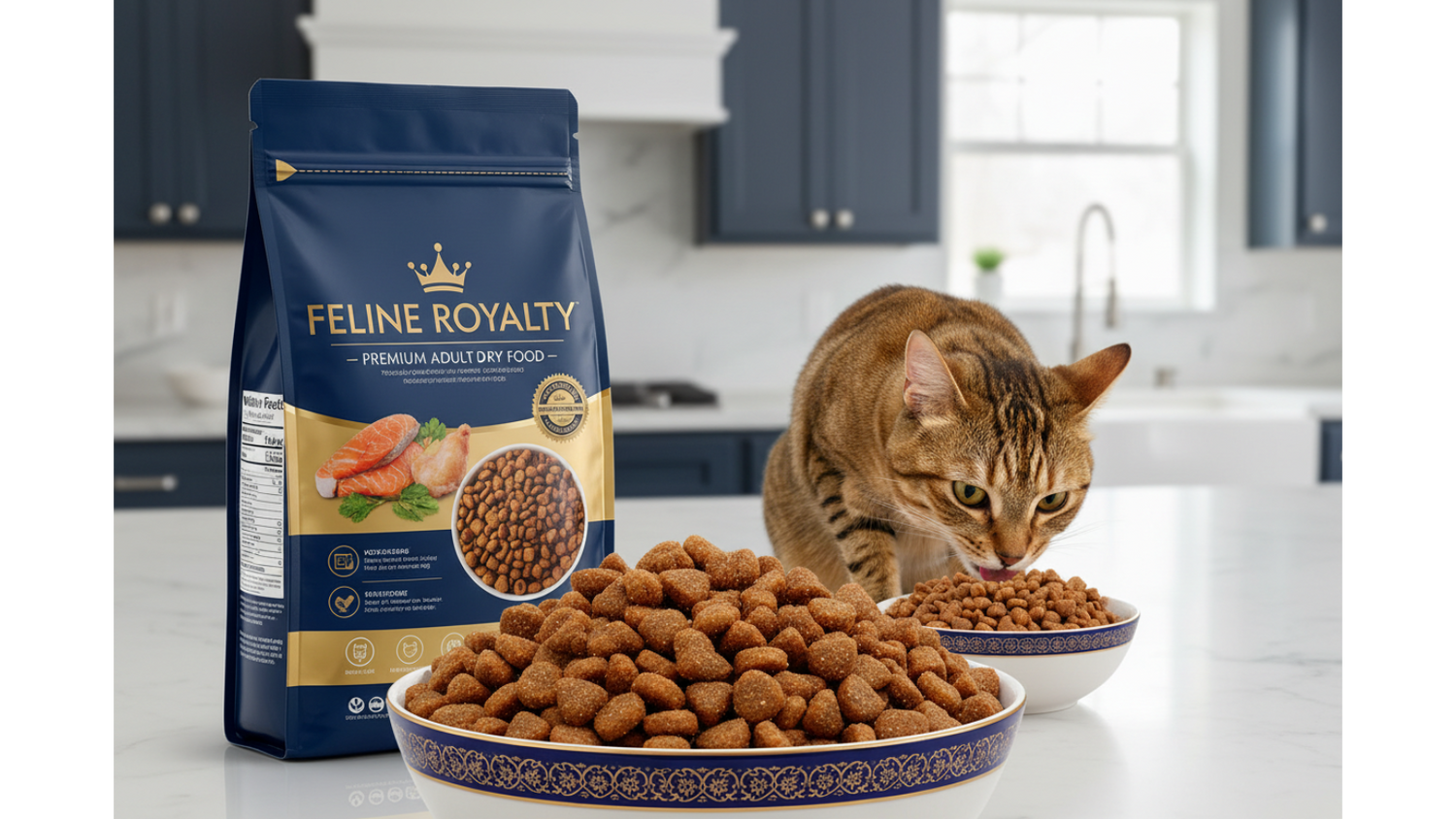 Close-up of a healthy cat eating crunchy kibble from a ceramic bowl in a bright, warm, modern kitchen setting.
