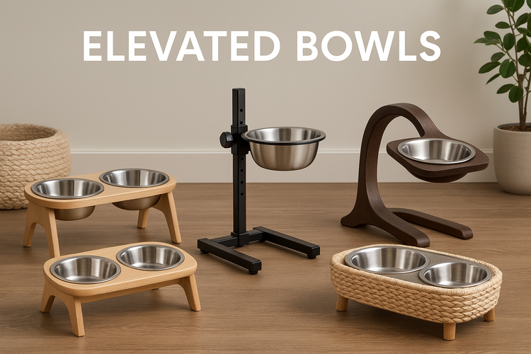 Elevated Bowls collection showcasing adjustable metal and wooden pet feeding stations with stainless steel bowls on a wood floor
