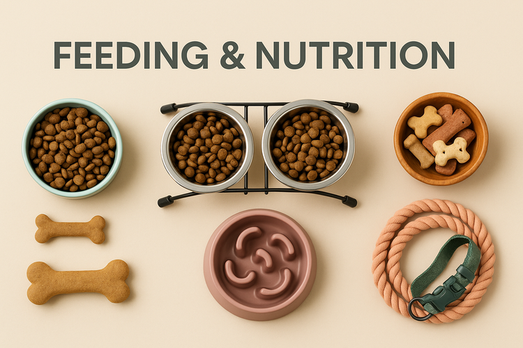 Feeding & Nutrition collection image showing pet kibble bowls, treats, slow feeder, collar and toys for mealtime