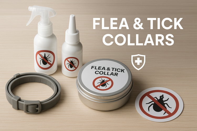 Assortment of flea and tick collars sprays and a labeled tin displayed on a wooden surface