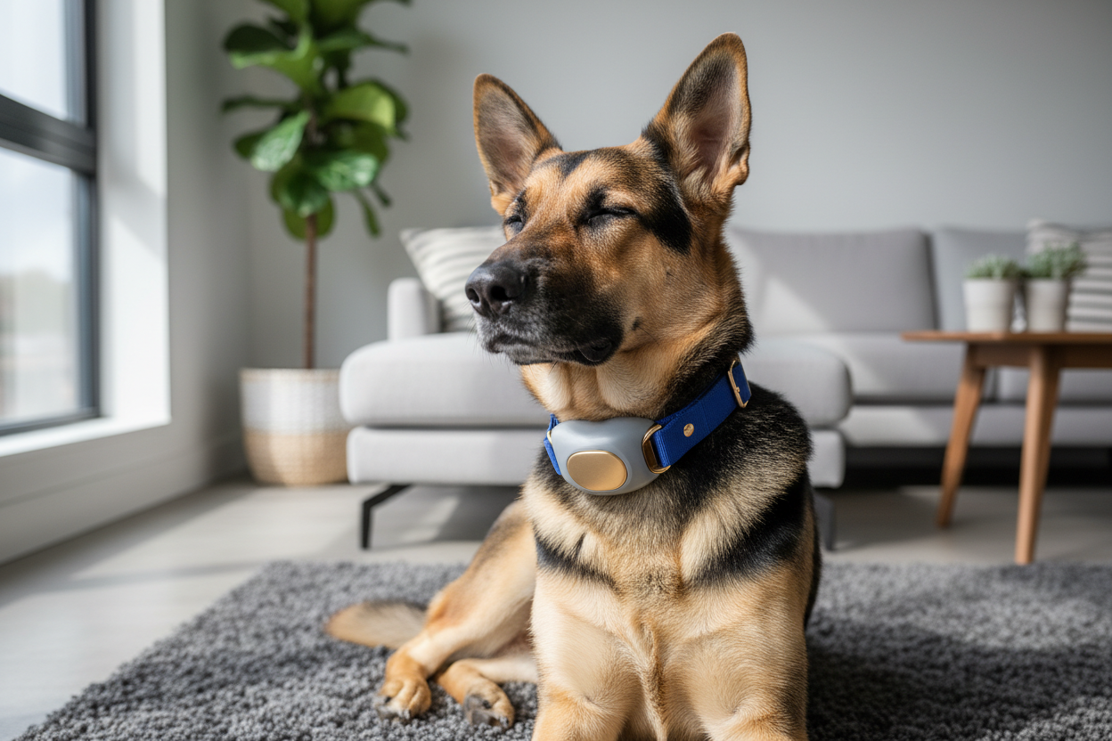 Content dog wearing a sleek collar in a serene, modern living room with warm, calming sunlight.