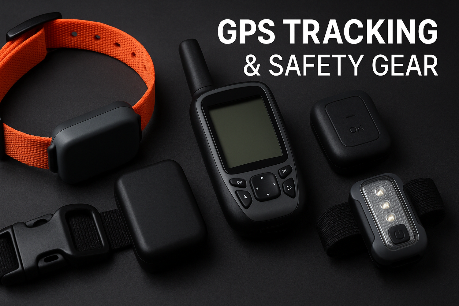 GPS Tracking and safety gear collection showing orange pet collar, handheld tracker, small black GPS devices and LED light