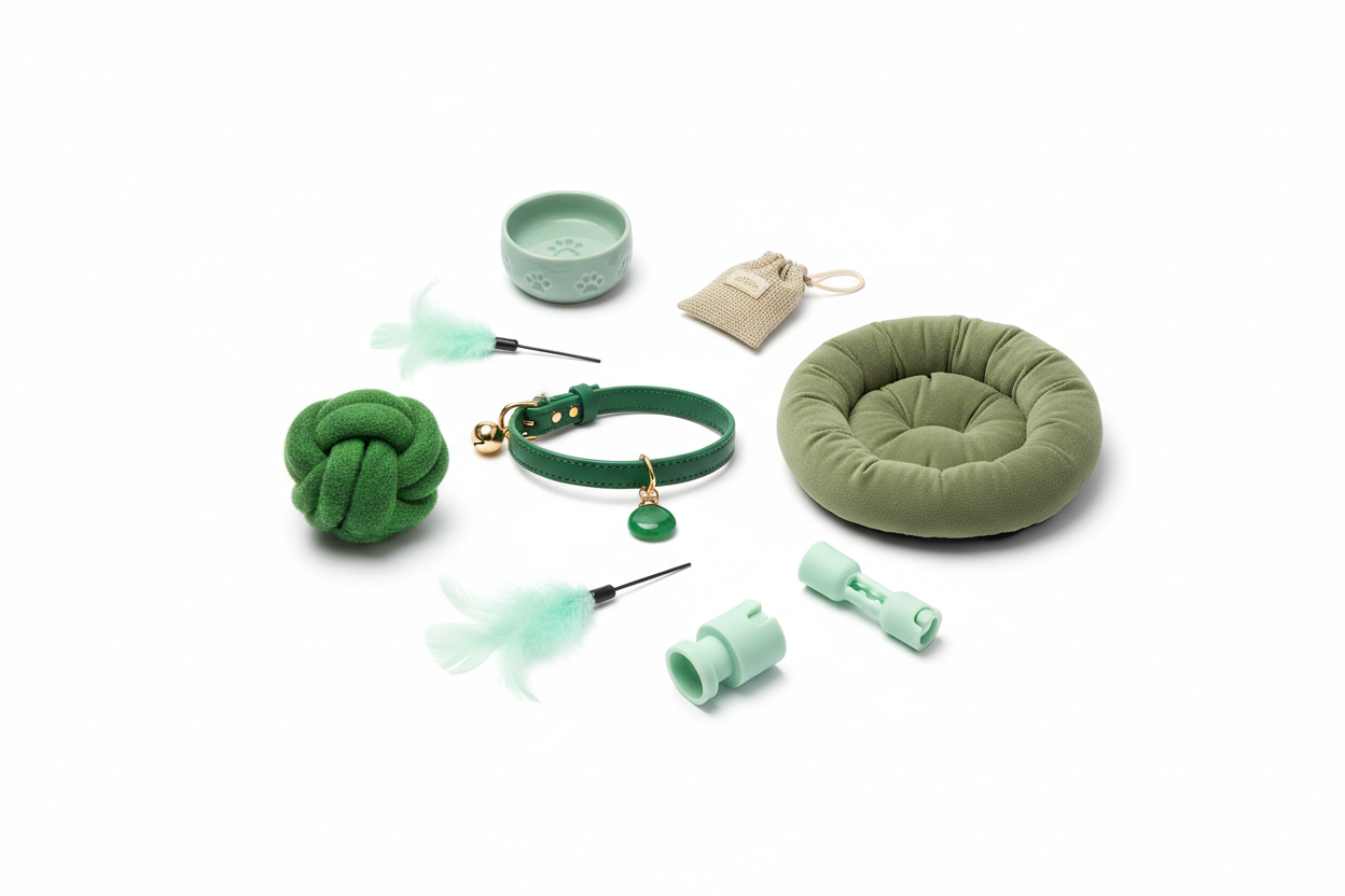 Green Cat Products Collection - Jade Collars, Kelly Green Toys, Olive Beds, and Mint Accessories