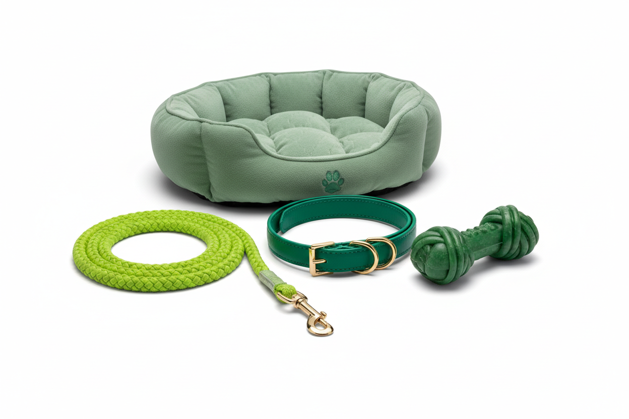 Green Dog Products Collection - Emerald Collars, Lime Leashes, Forest Green Toys, and Sage Beds