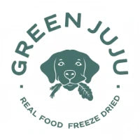 A happy dog eating fresh green vegetables and freeze-dried treats on a sunny, grassy lawn in vibrant spring tones.