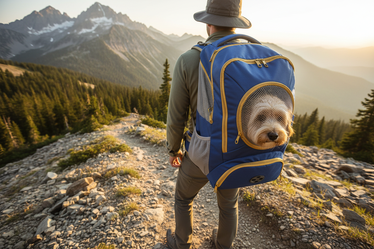 A happy hiker wearing a sleek, breathable pet backpack with a dog peeking out against a scenic mountain backdrop.