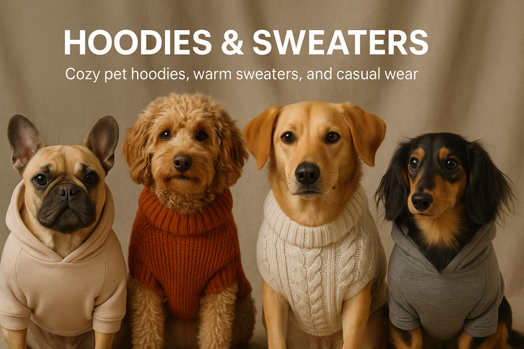 Four dogs lined up wearing cozy hoodies and cable knit sweaters against neutral backdrop for pet collection