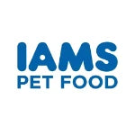 A happy dog and cat sitting together in a bright, sunlit kitchen next to bowls of premium Iams pet food.