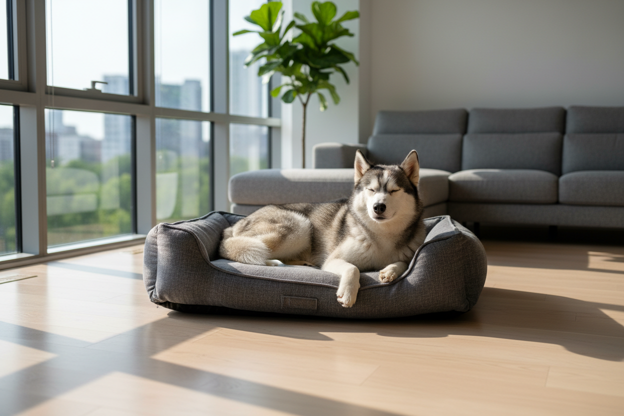 Siberian Husky relaxing on premium cooling dog bed in modern living room with natural sunlight
