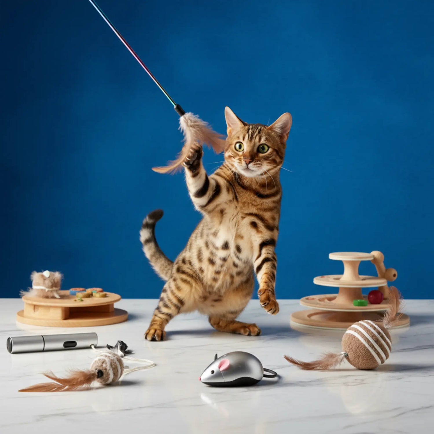 Cats hunting motorized mice, chasing laser dots, and solving puzzle feeders - captures natural hunting instincts.