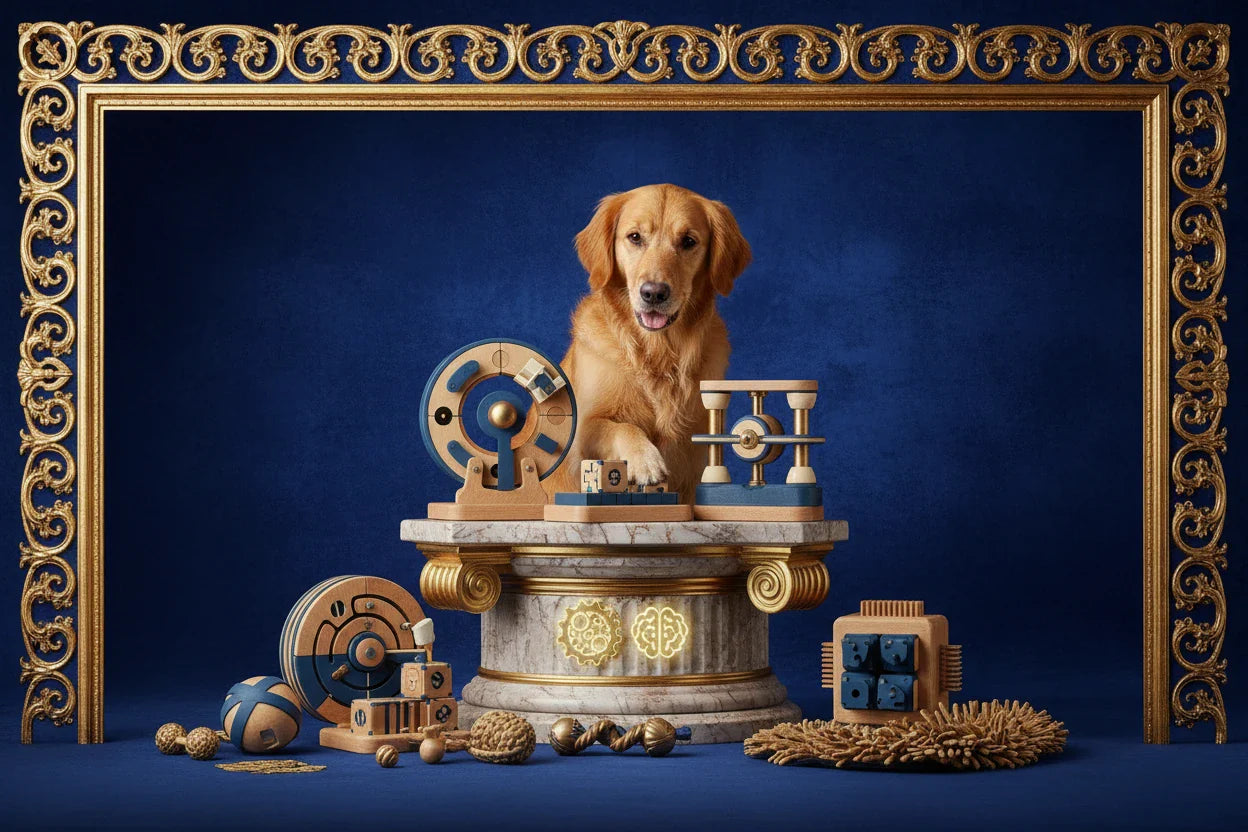 Dogs showing intelligence solving puzzles and treat-dispensing toys - highlights mental stimulation benefits.