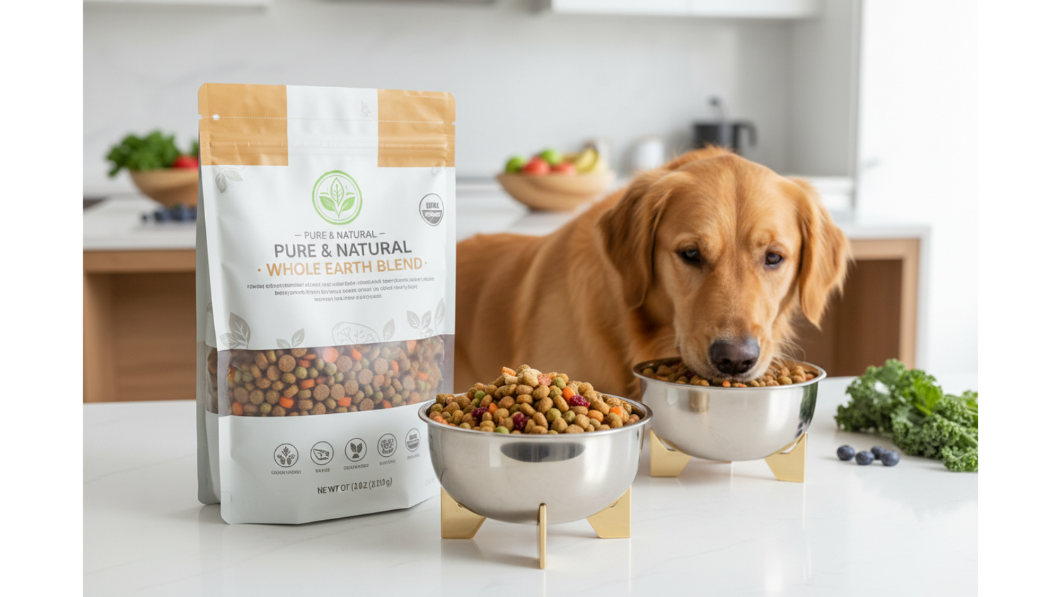 A healthy dog eating wholesome, natural food in a bright, rustic kitchen with earthy tones and warm sunlight.