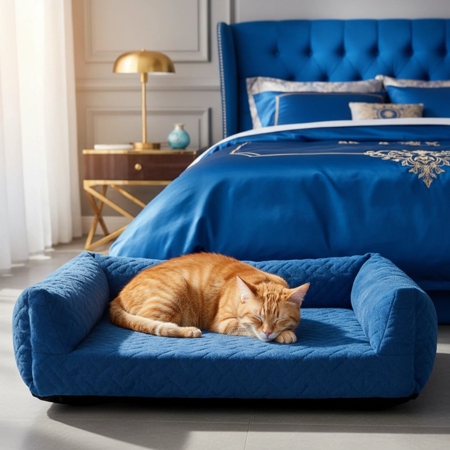 A senior cat sleeping peacefully on a plush, memory foam orthopedic bed in a cozy, sunlit room with soft tones.