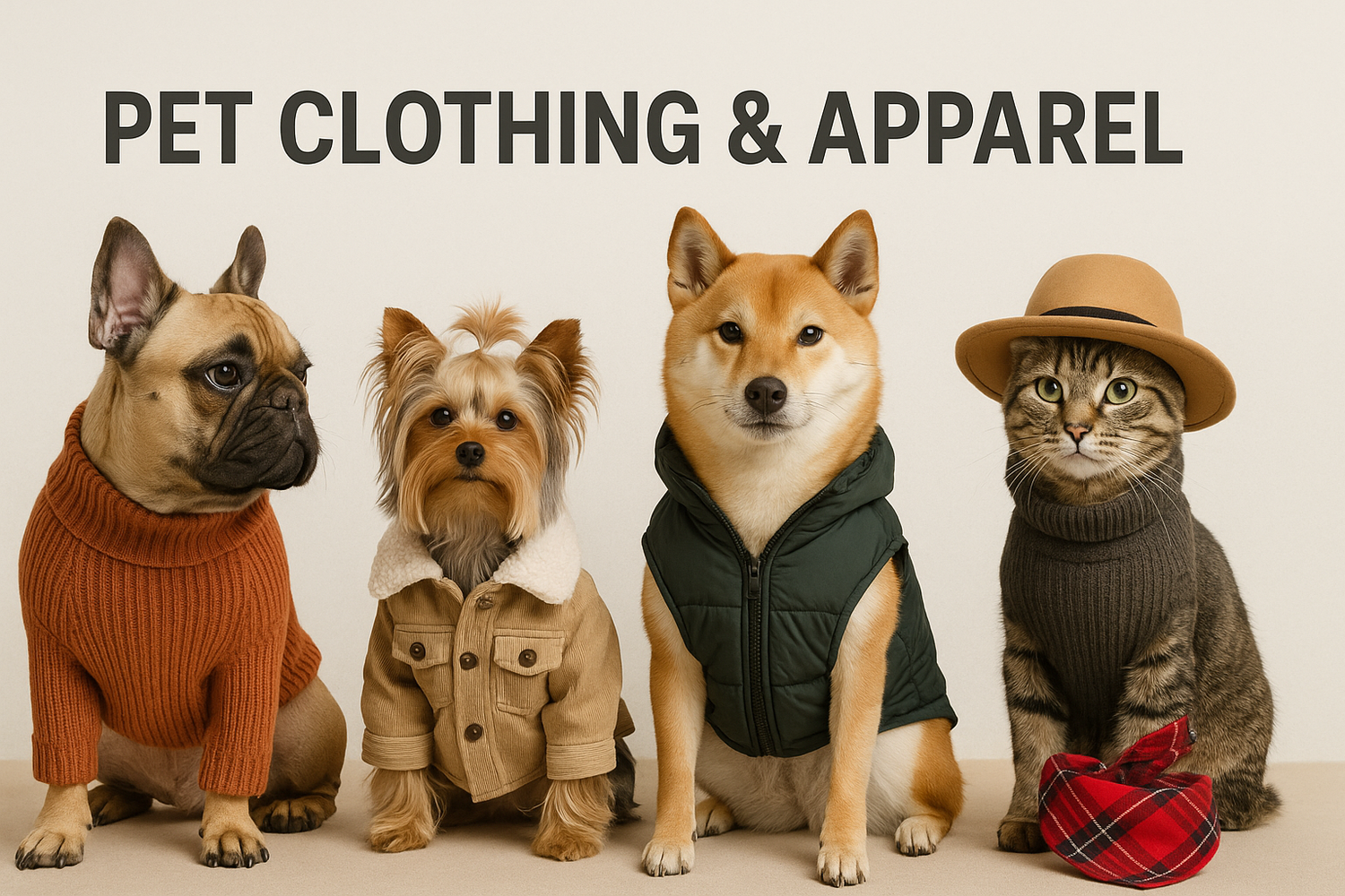 Pet Clothing collection image of four pets wearing stylish sweaters jackets vests and accessories