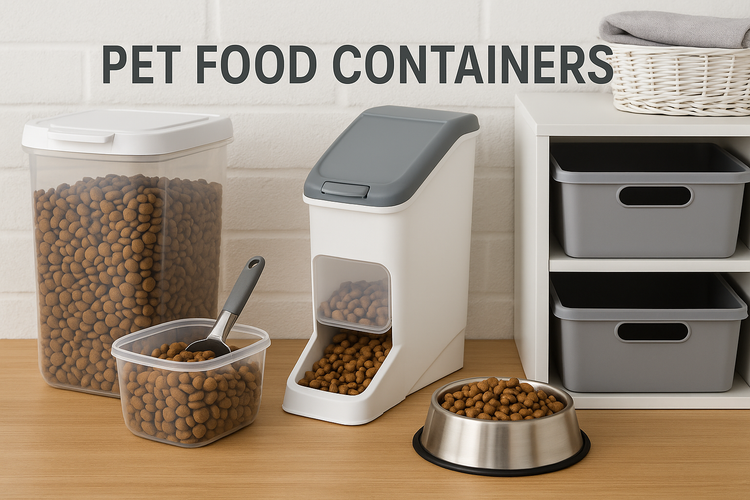 Pet Food Containers lineup with airtight storage bin, scoop, gravity dispenser and stainless feeding bowl