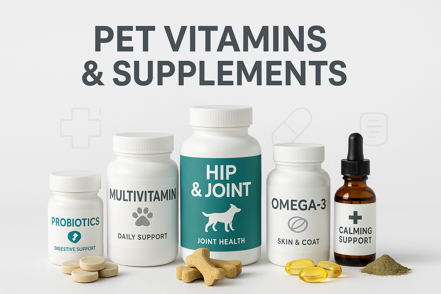 Pet Vitamins collection showing bottles of multivitamin hip and joint omega 3 probiotics and calming drops