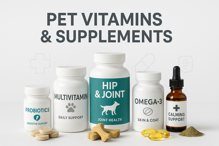 Pet Vitamins collection showing bottles of multivitamin hip and joint omega 3 probiotics and calming drops