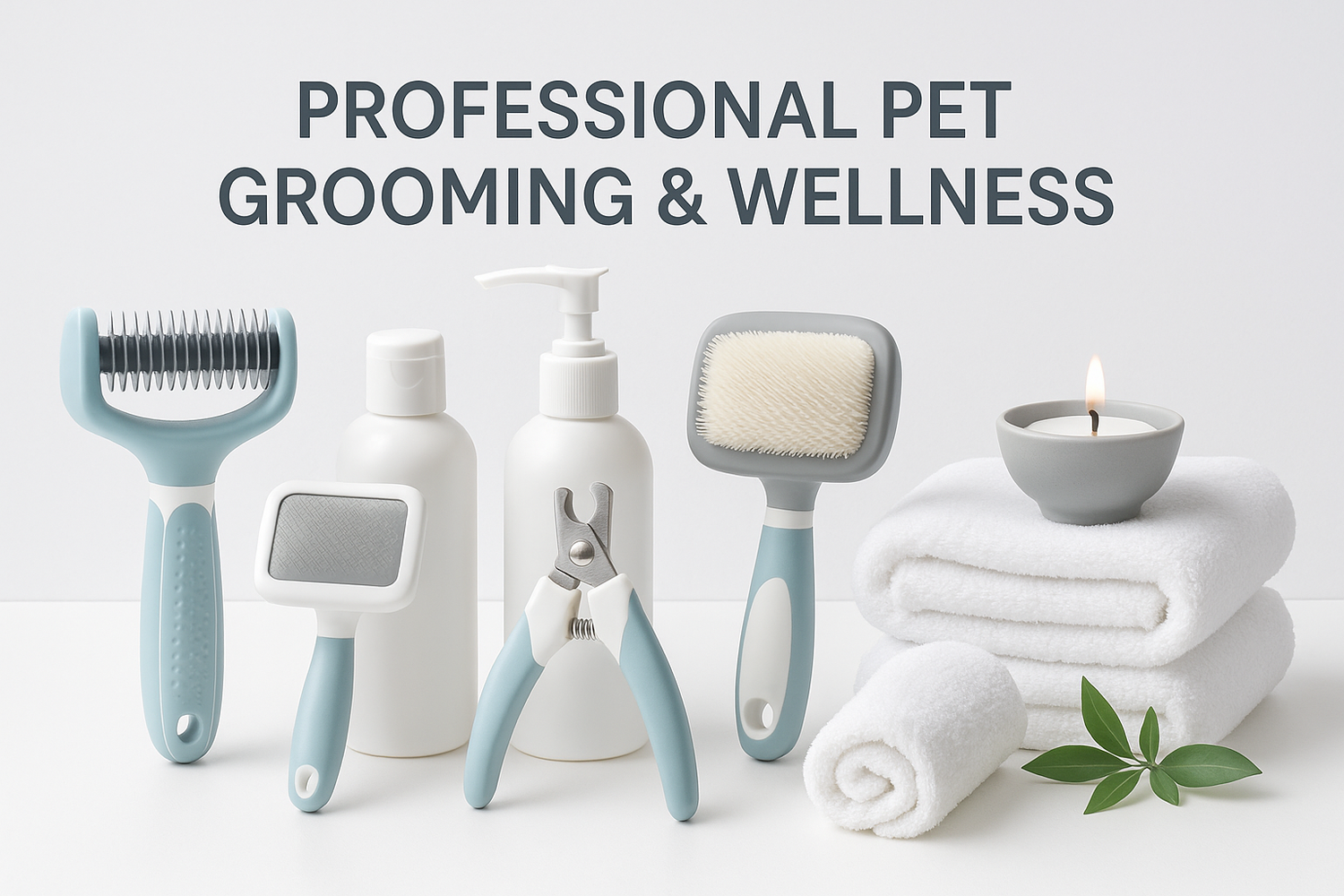 Professional Pet Grooming collection image showing salon grade brushes, shampoo bottles, clippers, towels and calming candle