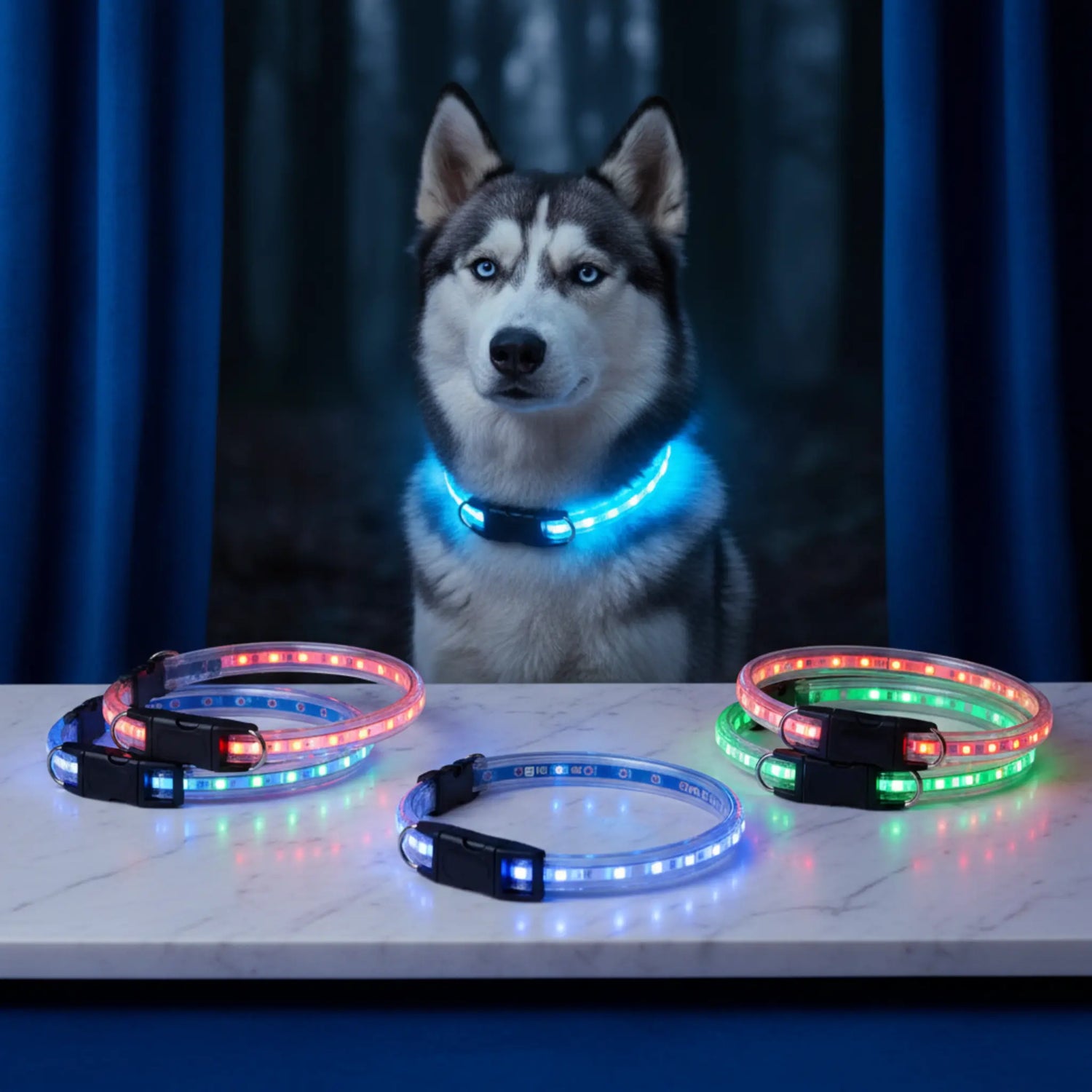 A glowing LED dog collar illuminating a dog on a dark evening walk with vibrant blue light against a city backdrop.