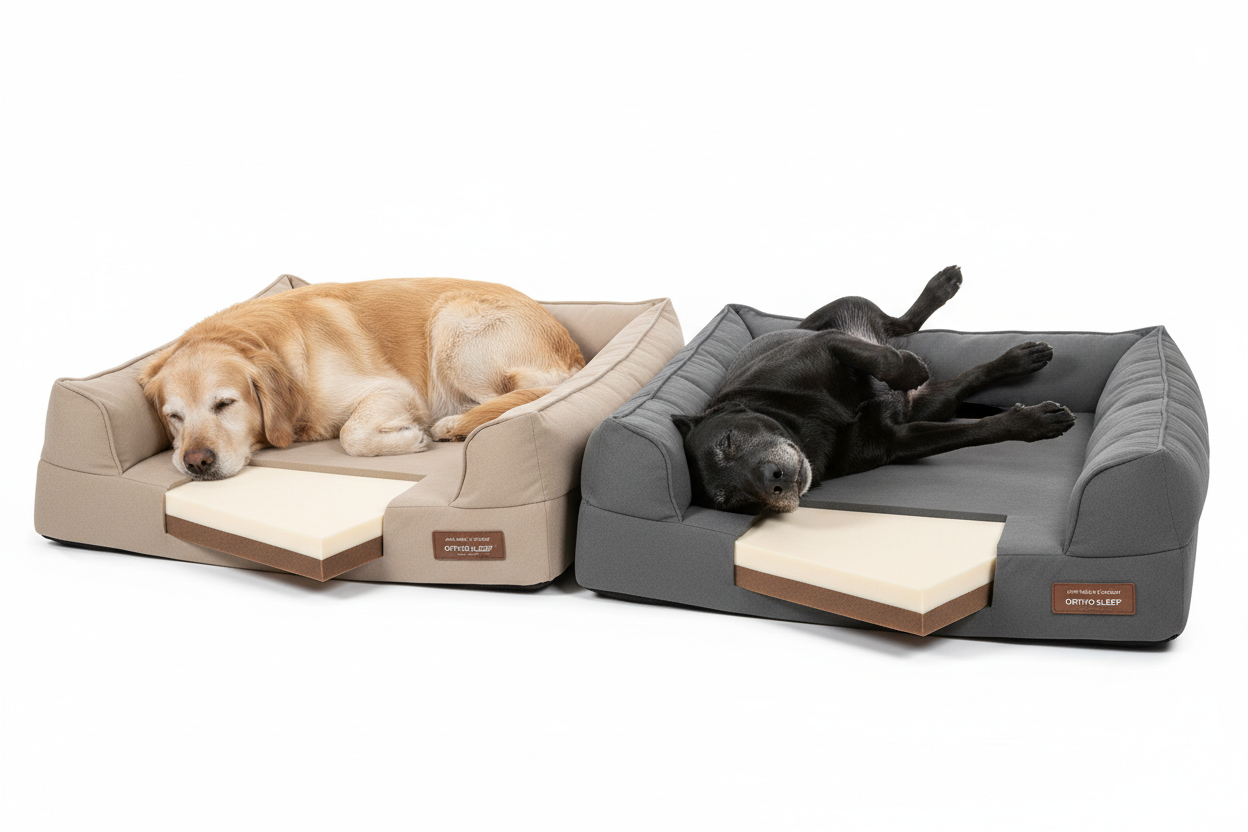 Senior dogs sleeping pain-free on memory foam beds - emotional appeal for joint relief and comfort.