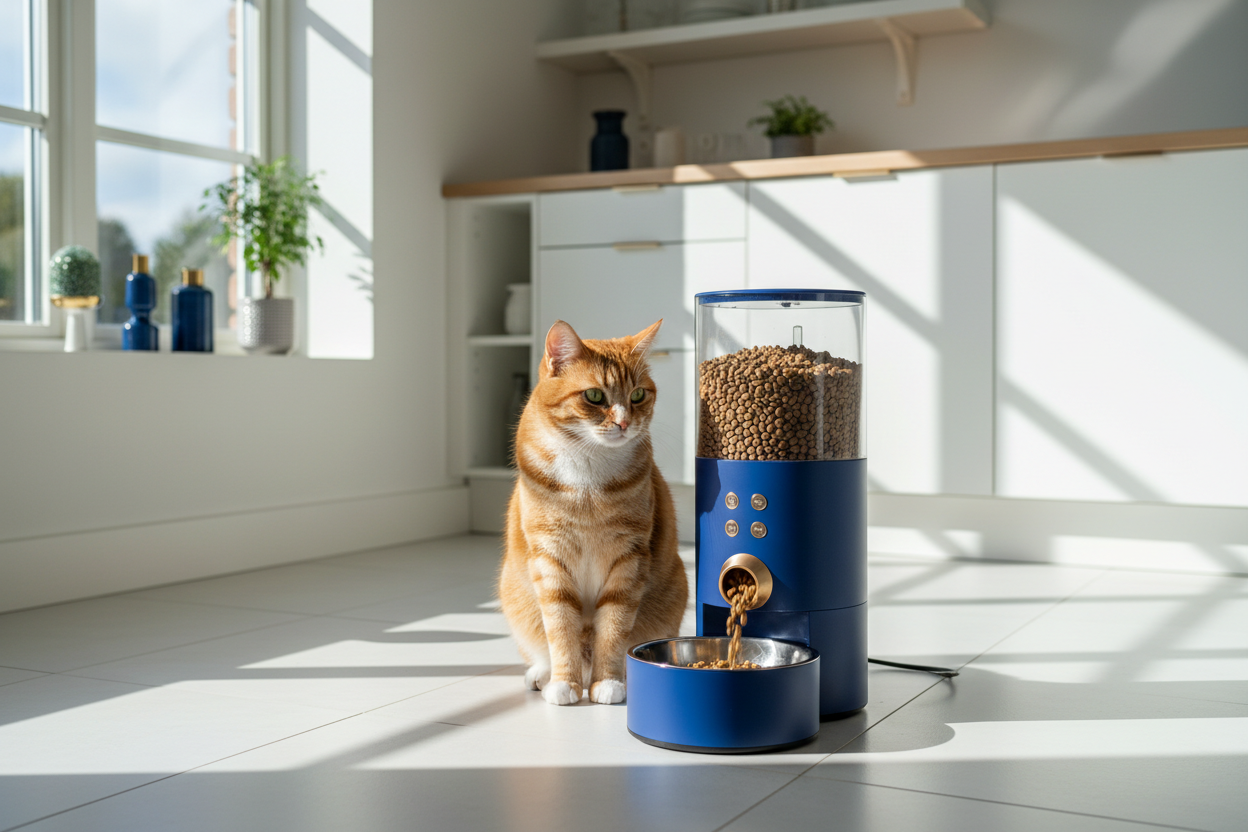 Sleek, minimalist automatic cat feeder in a bright, modern living room with a happy cat, soft neutral tones.