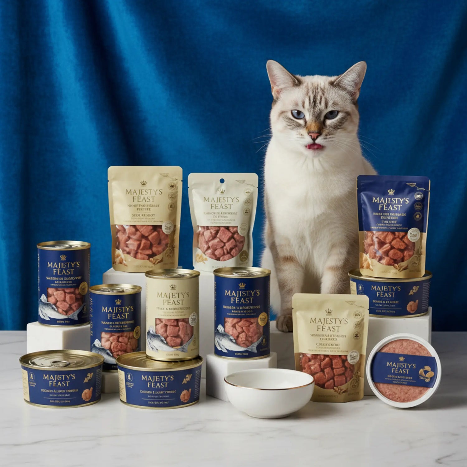 Close-up of a happy cat eating premium wet food from a bowl. Warm lighting, vibrant colors, home kitchen setting.