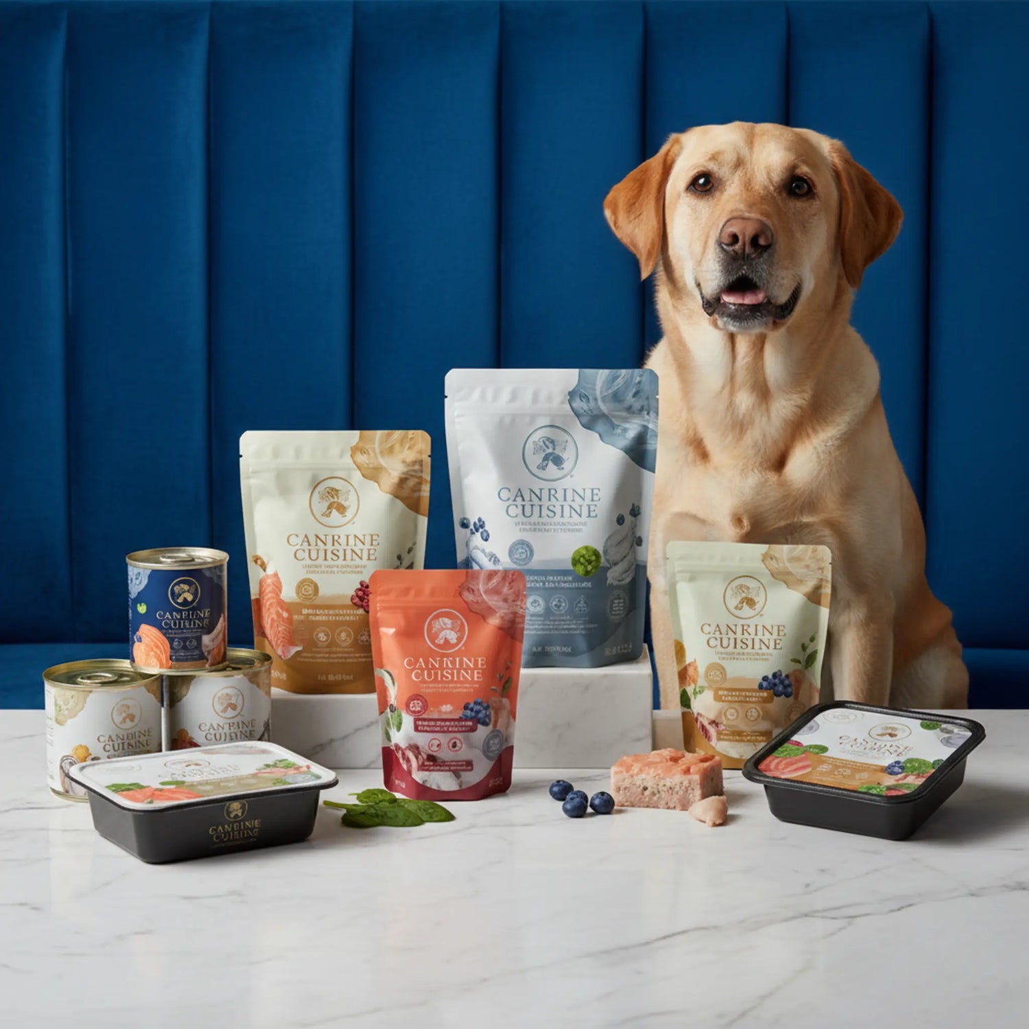 A happy dog eating gourmet wet food from a ceramic bowl in a warm, sunlit kitchen.