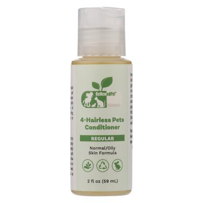 ReNewedPet 2oz conditioner for hairless pets: clear plastic bottle, pale green label, and flip-top cap.
