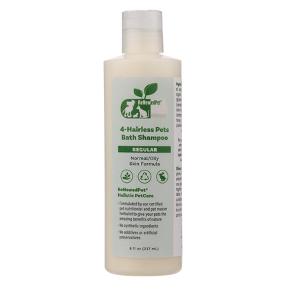8oz bottle of ReNewedPet 4-Hairless Pets Bath Shampoo with a green and white label and clear flip-top cap.