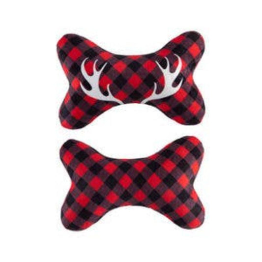 Red Buffalo Check with Antlers Plush Squeaker Holiday Bone Dog Toy