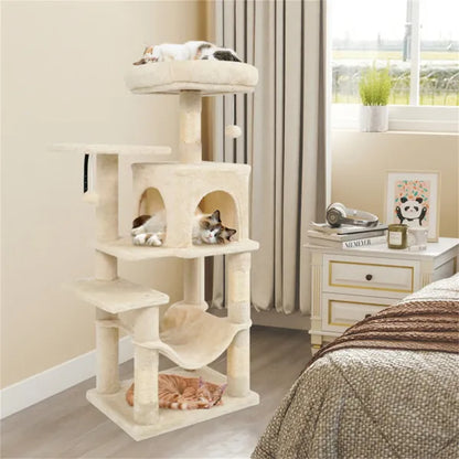 44-Inch Multi-Level Cat Tree Tower with Plush Top Perch Bed. Beige Purrfect Pet Kingdom tree with cats, condo, hammock.