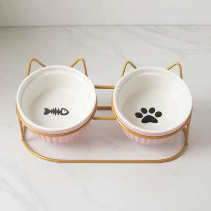 Cat Bowl Ceramic Double Bowl Water Bowl Tall Diagonal Pet
