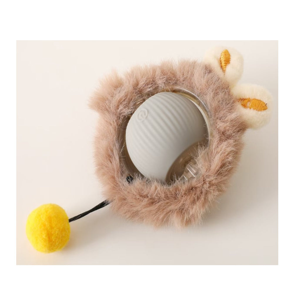 Purrfect Pet Kingdom Interactive Rolling Cat Ball: grey ball inside brown plush cover with ears and yellow pom-pom.