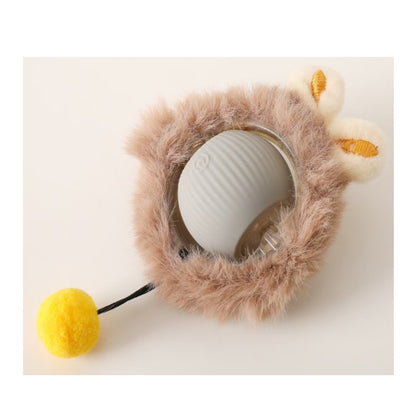 Purrfect Pet Kingdom Interactive Rolling Cat Ball: grey ball inside brown plush cover with ears and yellow pom-pom.