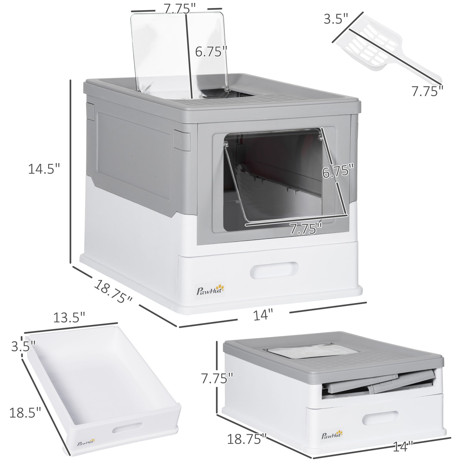 Gray and white enclosed cat litter box with front entry, top exit, pull-out drawer, and scoop. Foldable with dimensions.