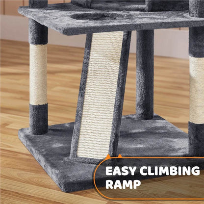 Dark gray Renwick cat tower base with a sisal climbing ramp, scratching posts, and plush levels. No cats present.