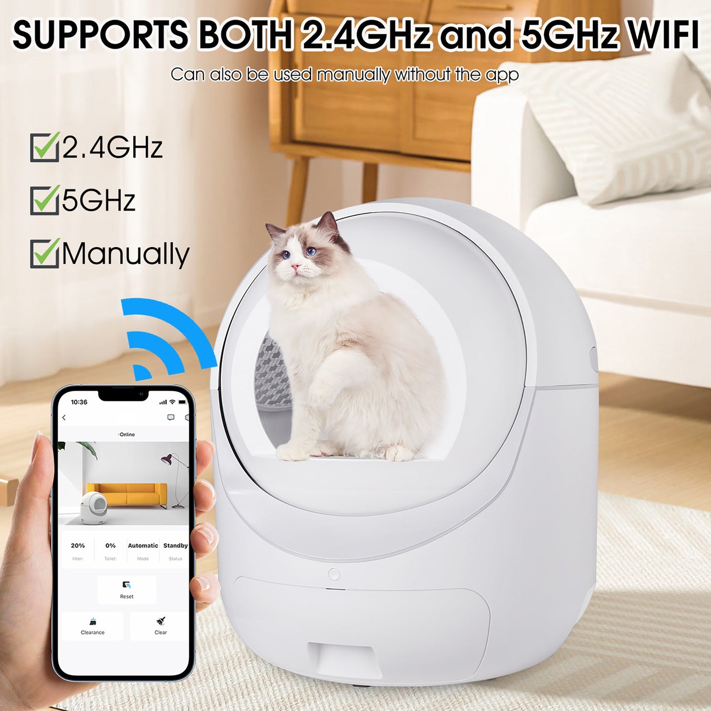 Intelligent cat litter box, automatically eliminates odors, application control, supports multiple cats with 5G and 2.4G WiFi at Purrfect Pet Kingdom