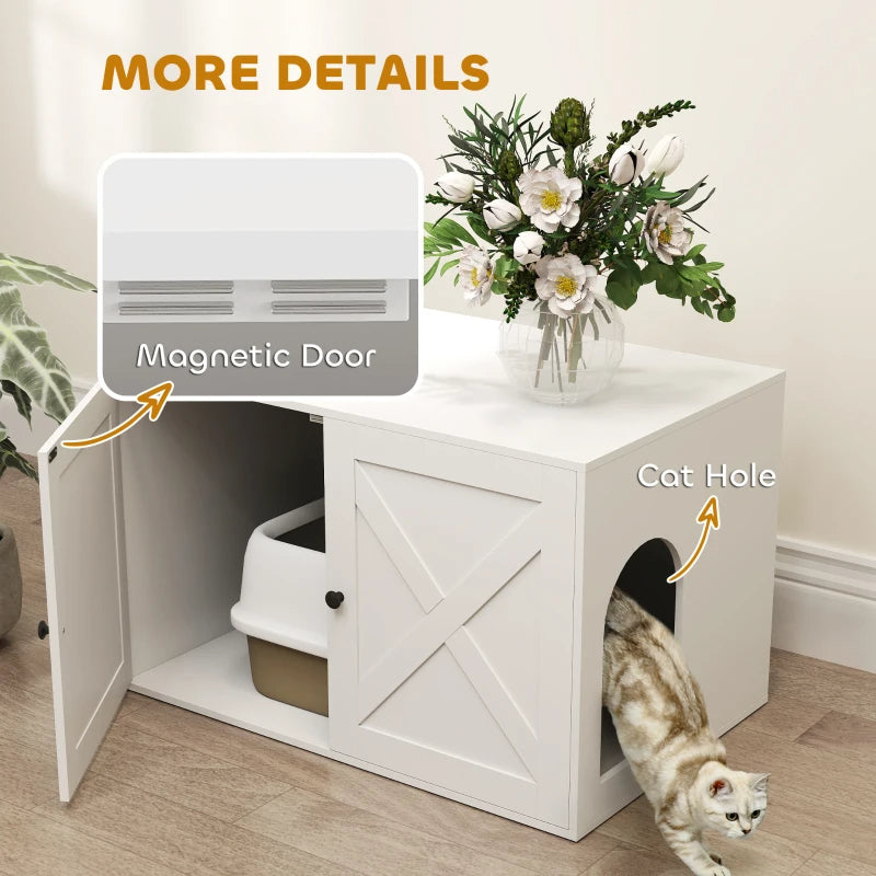 White PawHut wood litter box enclosure featuring barn doors, magnetic latch, and a cat exiting an arched side entrance.