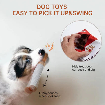 Purrfect Pet Kingdom brown plush cigar toy with sound and red treat pouch. Durable fabric for puppy teething and play.