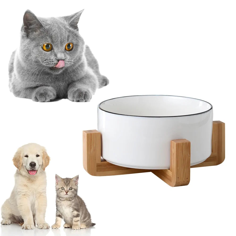 Ceramic Raised Cat Bowl w/ Wood Stand - Ameraeon