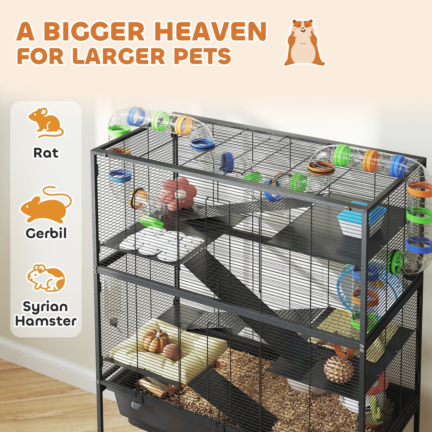 5 Tier Hamster Cage, Rolling Rat Cage With Deep Tray, Storage Shelf, Big Exercise Wheel, Hut, Tube System