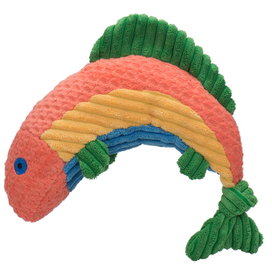 Trout dog toy with pink bumpy plush, yellow and blue corduroy stripes, and a signature green knotted tail.