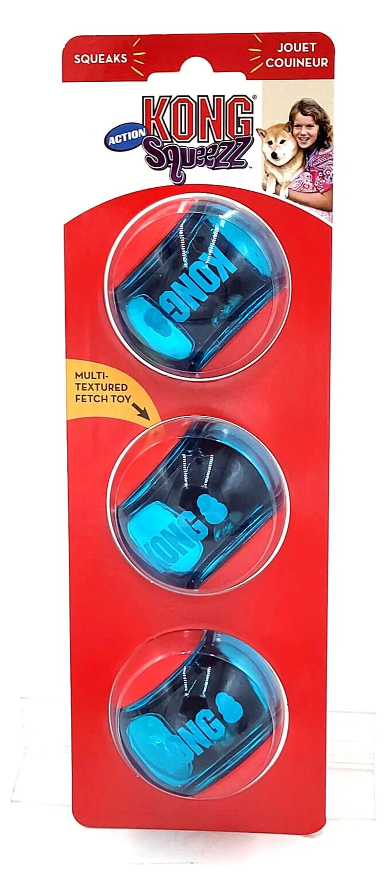 KONG Squeezz Action Ball Medium Red 3 Pack Textured Squeaky Toy