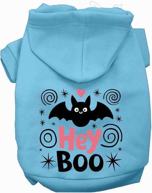Light blue Purrfect Pet Kingdom hoodie with a black bat graphic, pink "Hey," black "Boo," and star/swirl accents.